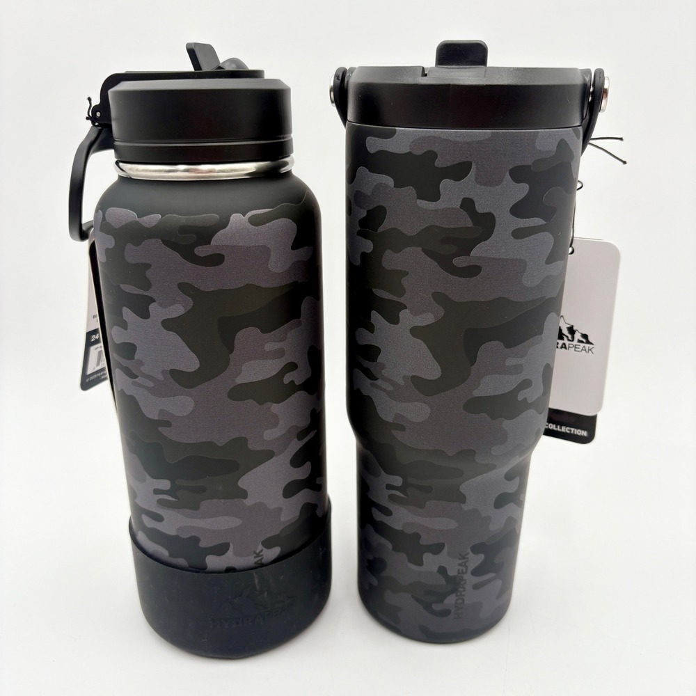 Hydrapeak 32 oz‎ Water Bottle & 32 oz Tumbler Black Camo Stainless Steel Set